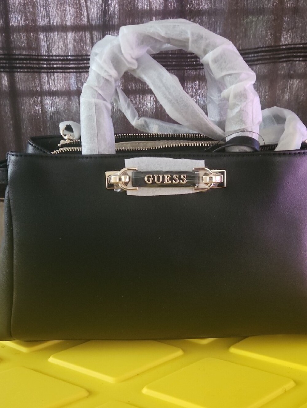 GUESS Black Satchel with Gold Logo Plate